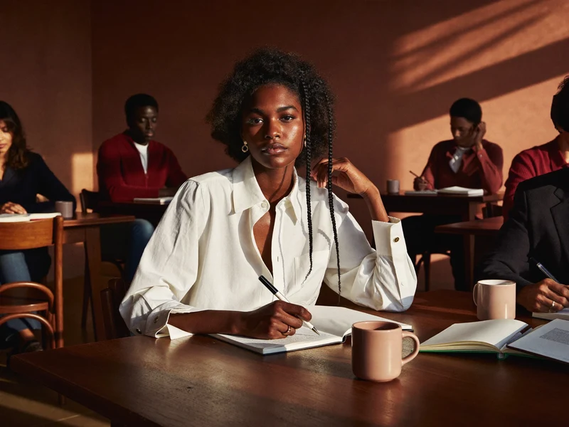 Illustration d'un coin de classe lumineux, avec table en bois et apprenants en pleine conversation