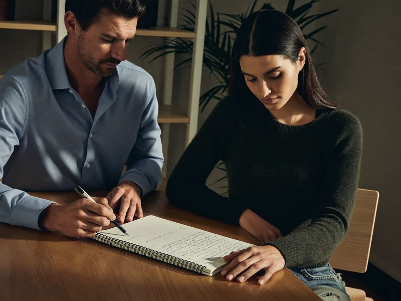 Illustration d'un enseignant et d'un apprenant côte à côte devant un cahier manuscrit